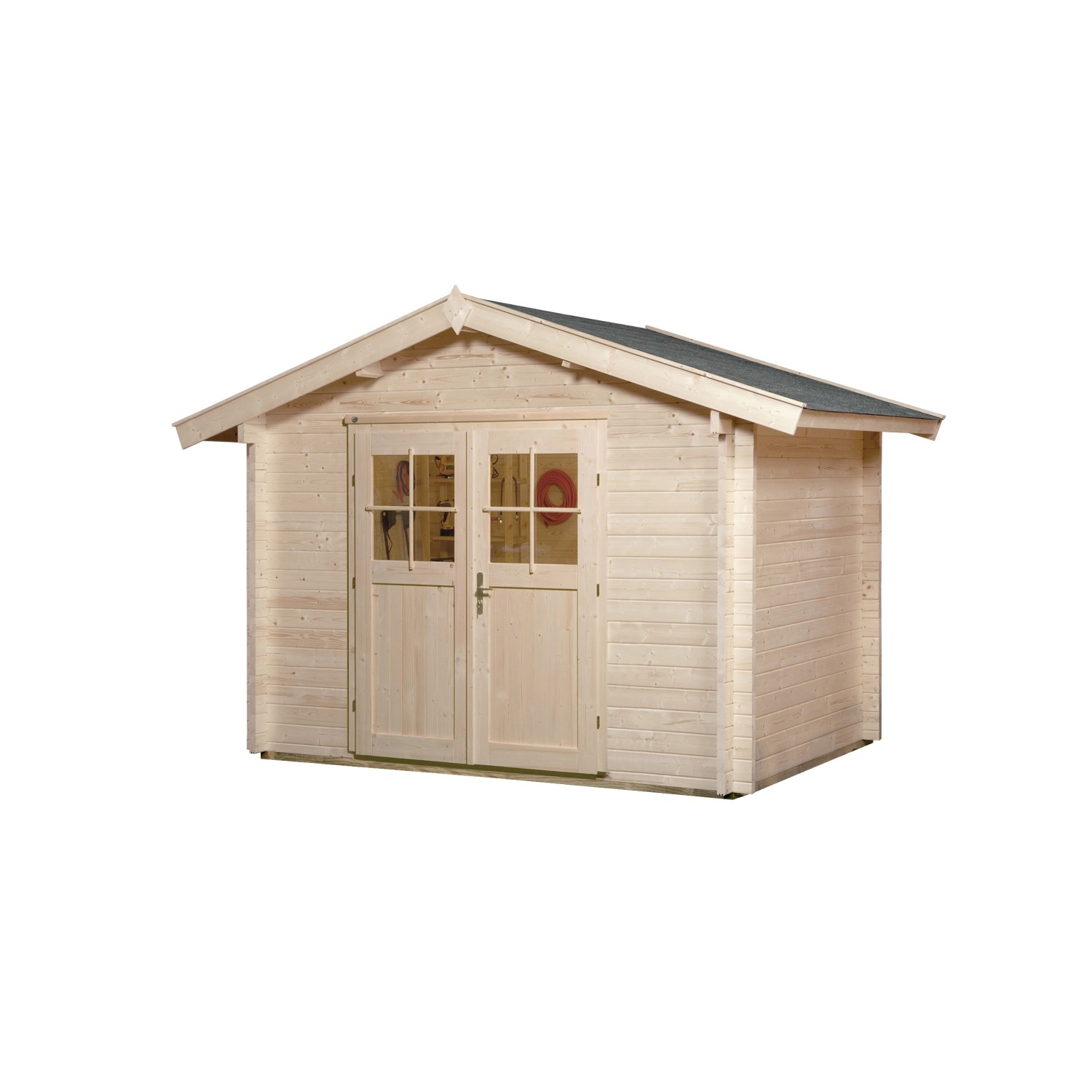 Unbehandeltes Weka Holz-Gartenhaus mit Satteldach und Doppeltür. Ideal als Gerätehaus oder Gartenpavillon.