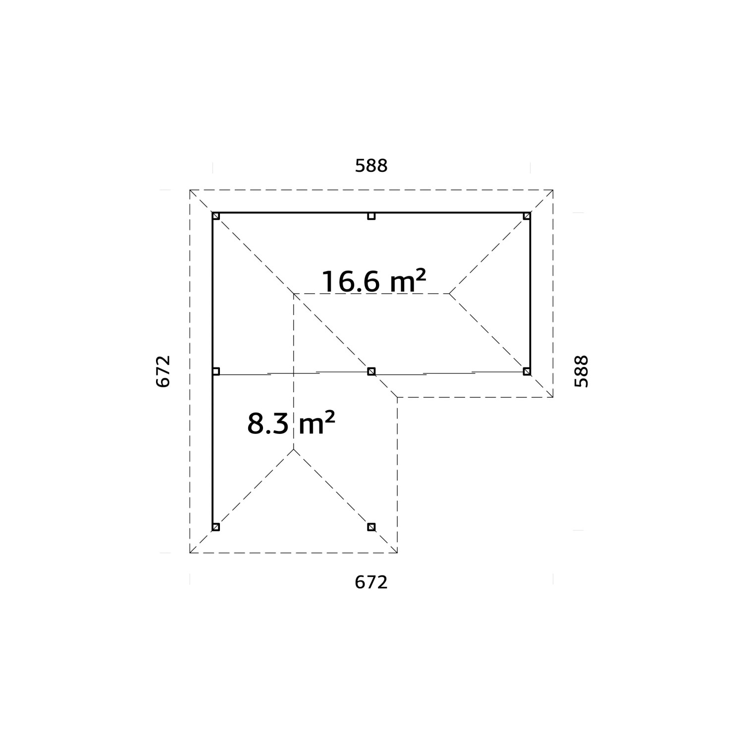 Grundriss Palmako Pavillon Bianca Set213, 588x588 cm, grau, mit Flächenangaben.