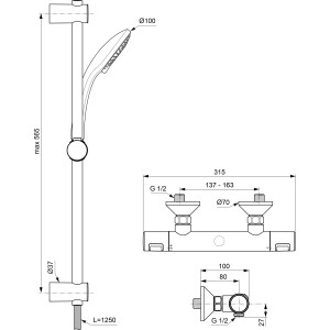 Technische Zeichnung: Ideal Standard Brausekombination Ceratherm T25, Brausestange 60 cm, Chrom, mit Maßangaben.