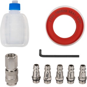 Güde Druckluftgeräte-Set, 71-teilig: Ölflasche, Dichtband, Nippel, Schlüssel und Kupplung für Kompressoren.