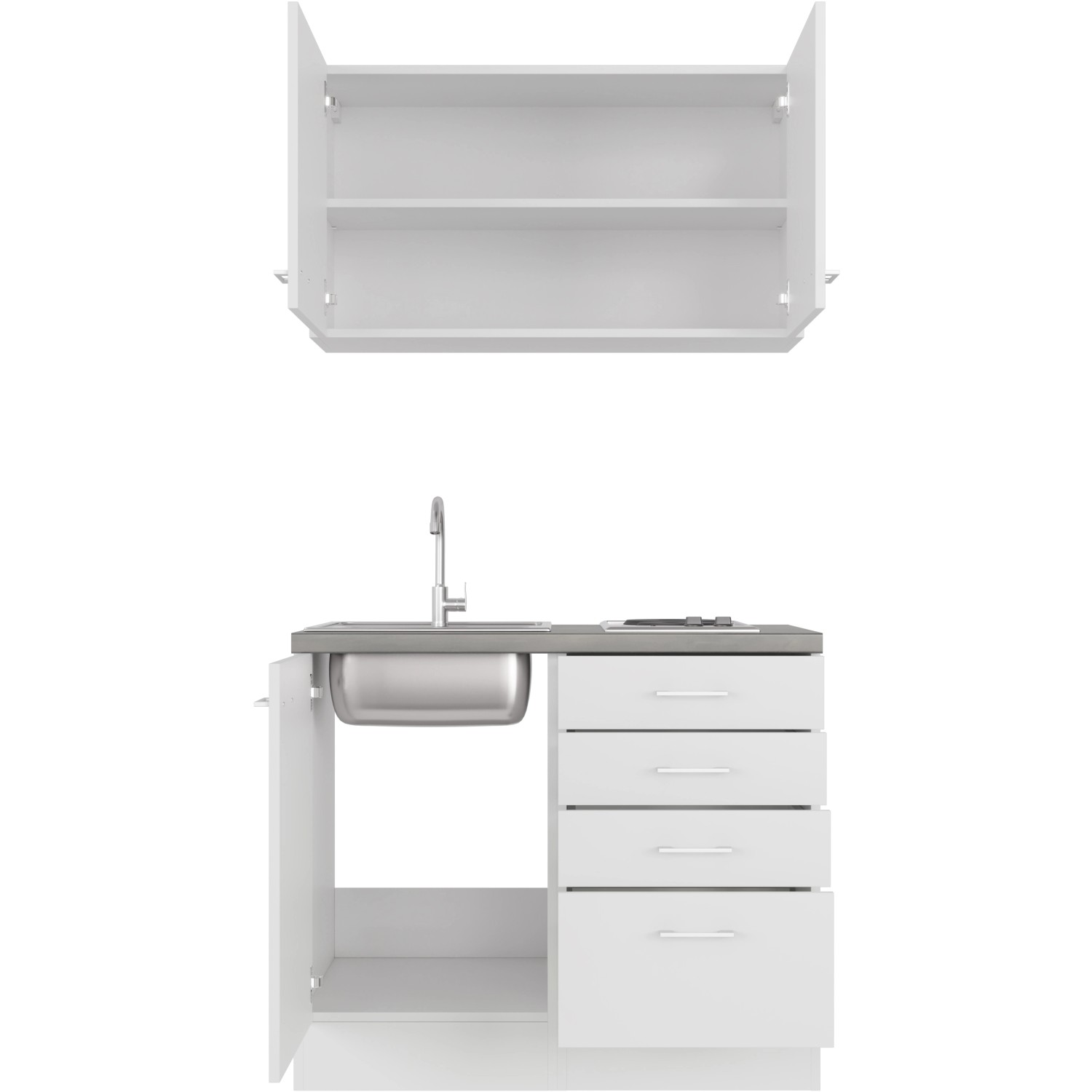 Flex-Well Miniküche Lucca, 100 cm, Weiß matt mit Spüle und Kochfeld.