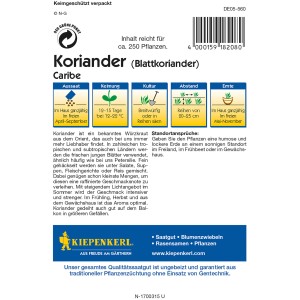 Kiepenkerl Koriander Caribe Samenpackung mit Aussaat- und Erntehinweisen.