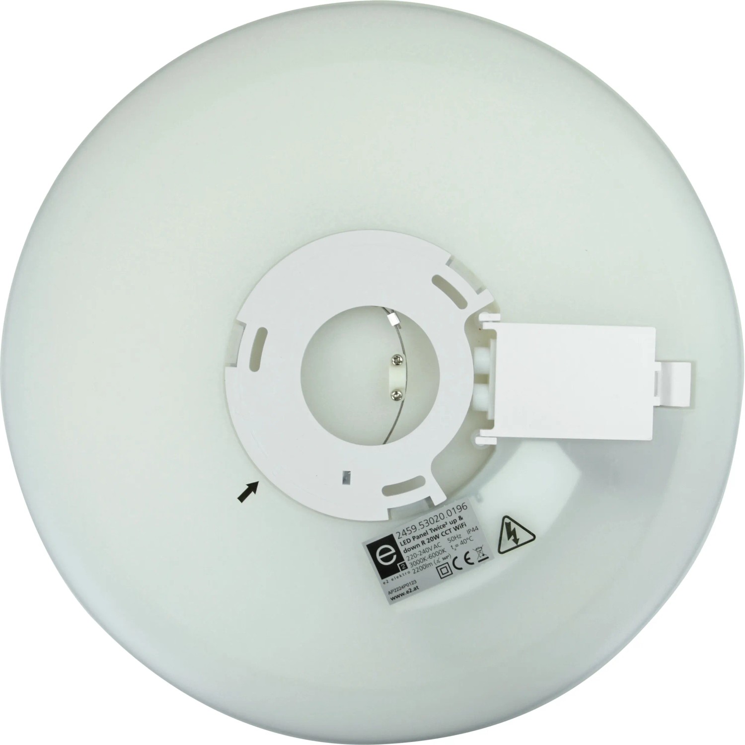 Weiße E2 Elektro LED Deckenleuchte Twice² Up & Down R, 33cm Durchmesser, Detailansicht der Rückseite.