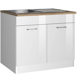 Held Möbel Spülenunterschrank Mailand, 100 cm, Hochglanz Weiß mit Edelstahlspüle und Eiche Arbeitsplatte.