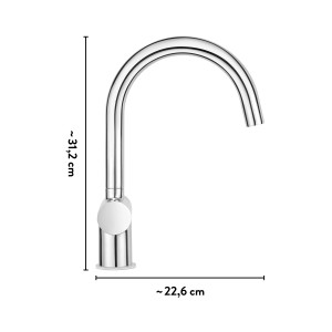 baliv Küchenarmatur KI-5151 Chrom, Einhebelmischer mit gebogenem Auslauf und Maßangaben.