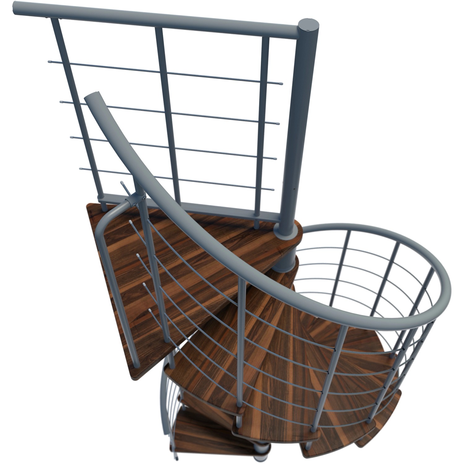 Spindeltreppe Venezia Smart Walnuss/Grau, Aufsicht. Holzstufen, graues Metallgeländer. Ideal für Innenräume.