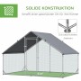 Geräumiger PawHut Hühnerstall aus silber-grauem Stahl mit Drahtgitter und wetterfestem Kunststoffdach. Solides Freilaufgehege.