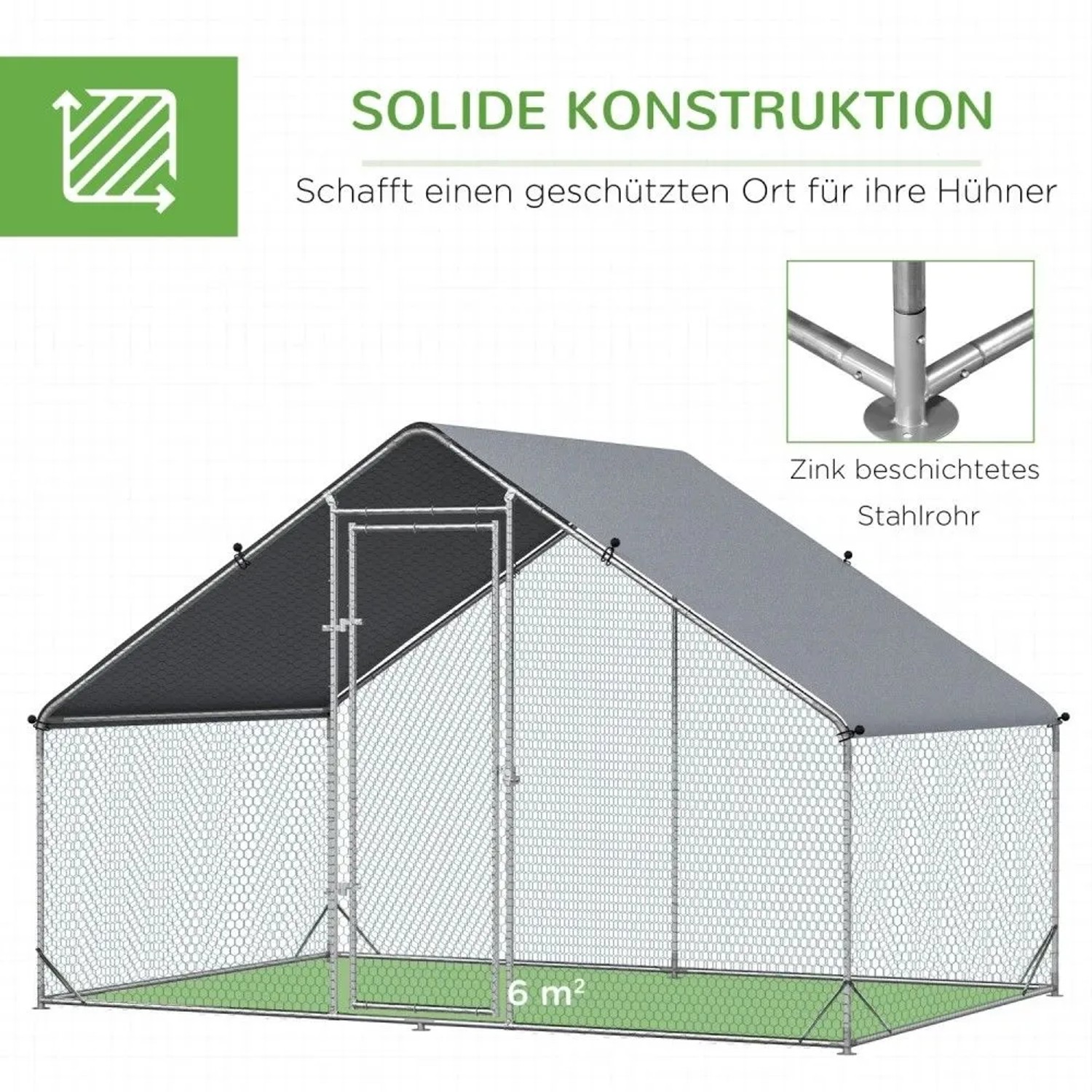 Geräumiger PawHut Hühnerstall aus silber-grauem Stahl mit Drahtgitter und wetterfestem Kunststoffdach. Solides Freilaufgehege.