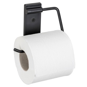 Schwarzer Wenko Toilettenpapierhalter Basic aus Edelstahl mit Papierrolle zur Wandmontage.