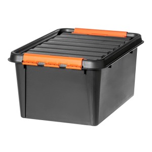 Schwarze SmartStore Aufbewahrungsbox Pro, 31 Liter, mit orangefarbenen Verschlüssen.