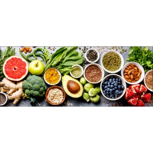 Pro Art Glasbild: Vielfalt an Obst und Gemüse, 125x50 cm. Frische Zutaten für gesunde Ernährung.