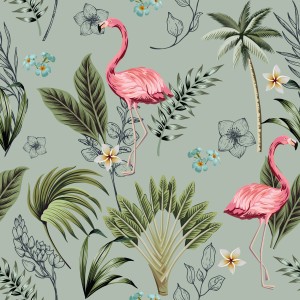 Beo Sitzauflage Genua Hellgrün mit Flamingo- und Palmenmuster für Niedriglehner.