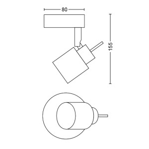 Technisches Diagramm des weißen Philips Spot Meranti 1-flammig. Zeigt drehbaren GU10-Strahler mit Maßen 80x155 mm.