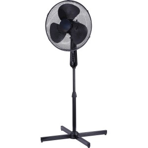 Schwarzer Standventilator, Ø 40 cm, Höhe 120 cm, mit verstellbarer Teleskopstange und stabilem Standfuß.