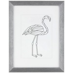 Bilderrahmen Kunststoff 30x40 cm, Silber Metallic Look, mit Passepartout und Flamingo-Motiv.
