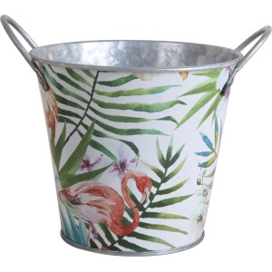 Metalltopf Flamingo, 13x14cm, Gartendeko mit tropischem Muster und Henkel.