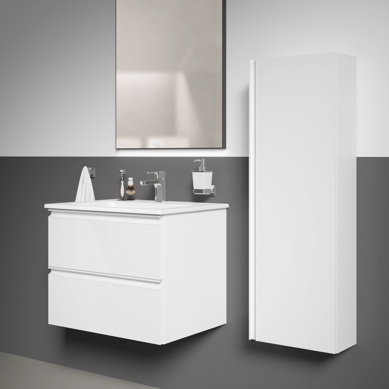 Ideal Standard Connect E Waschtisch-Paket, weiß, mit Unterschrank und Spiegel.