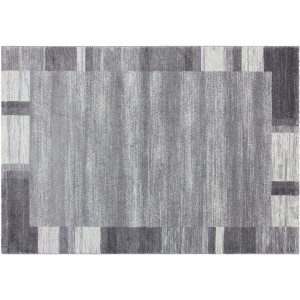 Kayoom Teppich Falkland Darwin, silberfarbener Kurzflorteppich mit Patchwork-Rahmen, 80x150 cm.