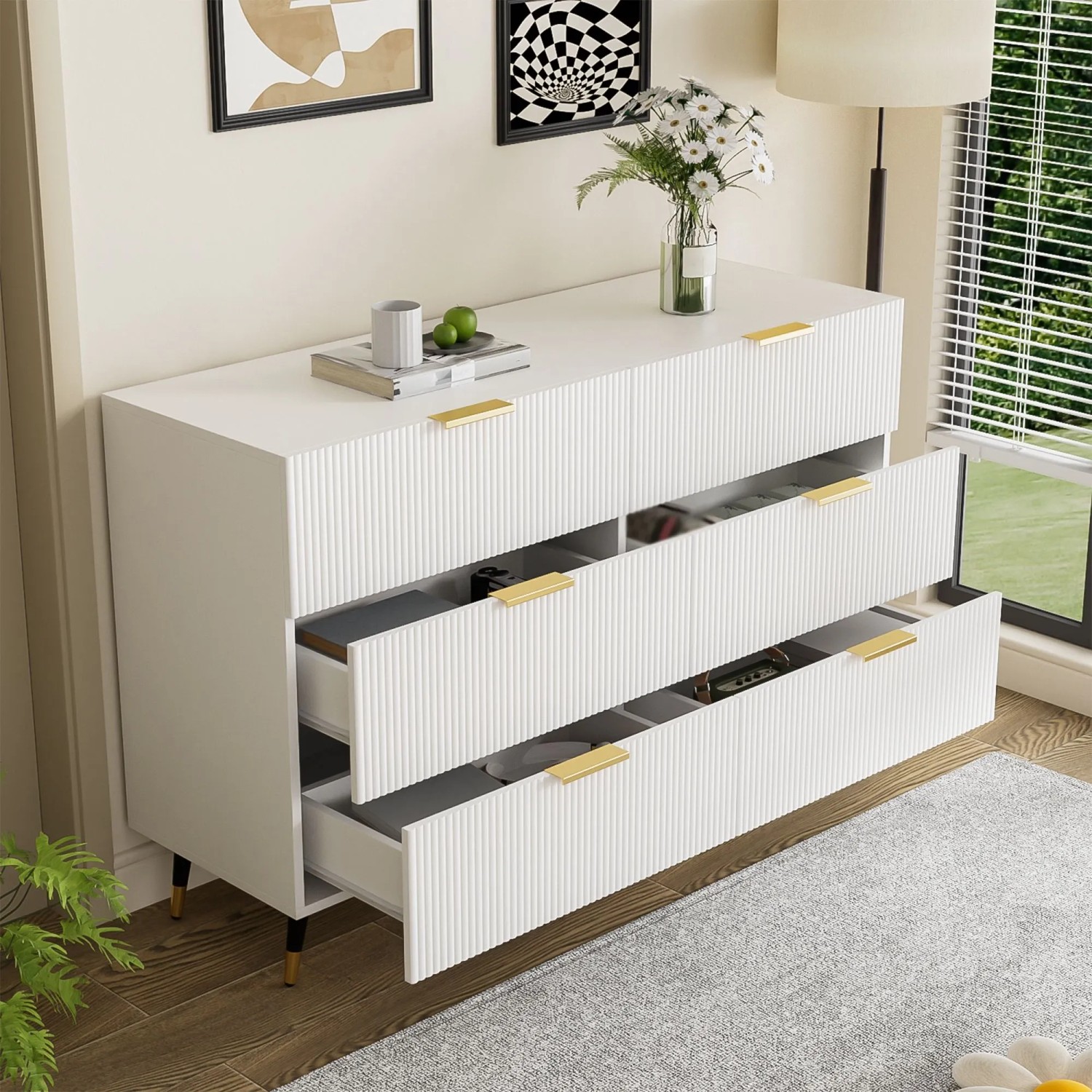 okwish Sideboard mit Schubladen Stauraum Wohnzimmer Elegant Modern 120x77x40cm Weiß_2