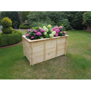 Holz-Hochbeet (161 cm) mit Hortensien bepflanzt im Garten.