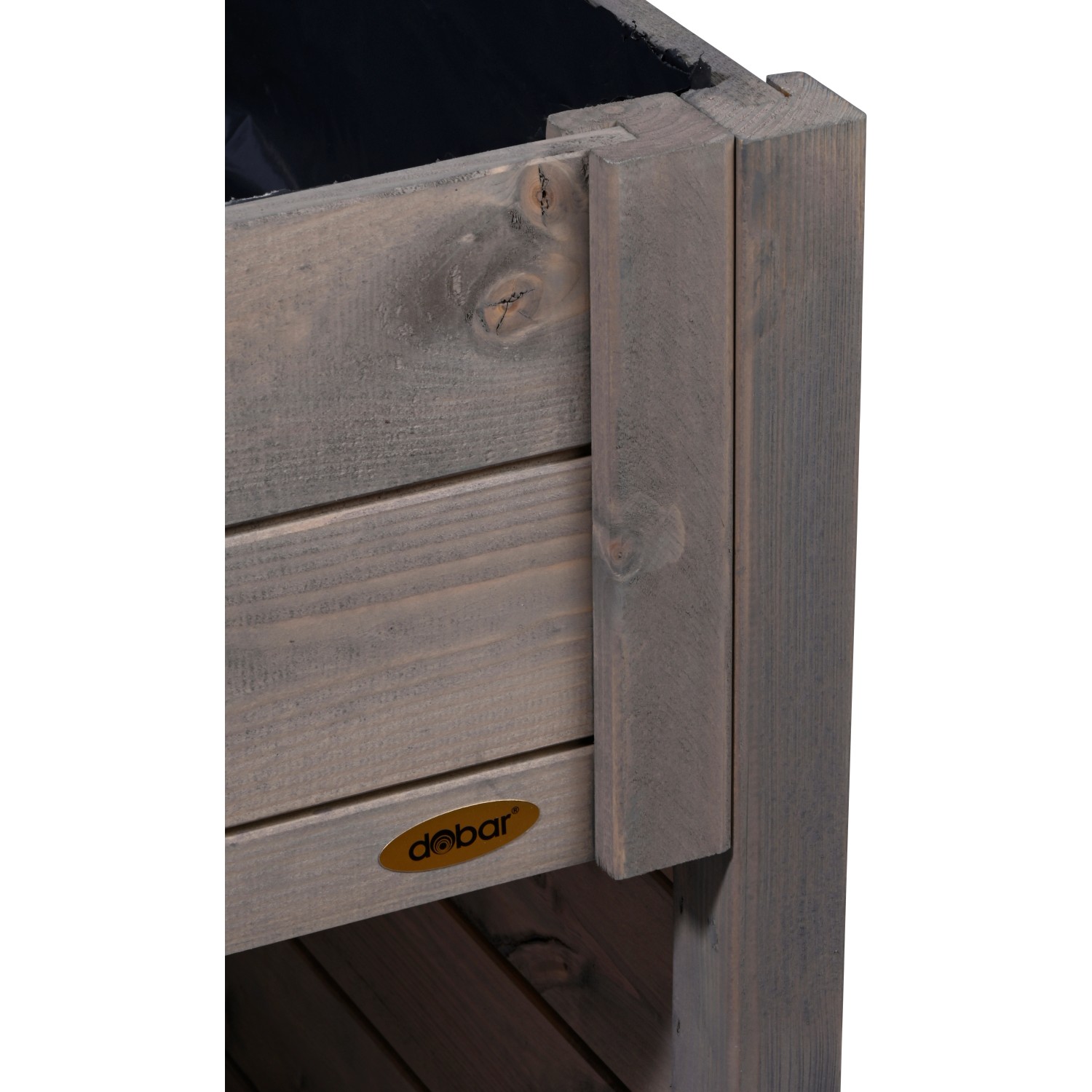 Detailaufnahme: Graue Dobar Mährobotergarage mit Pflanzkasten.