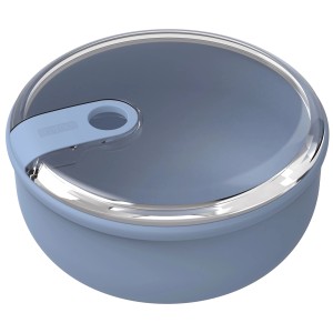Runde, blaue Rotho Frischhaltedose Ela 0,75 l mit transparentem Deckel und Verschluss.