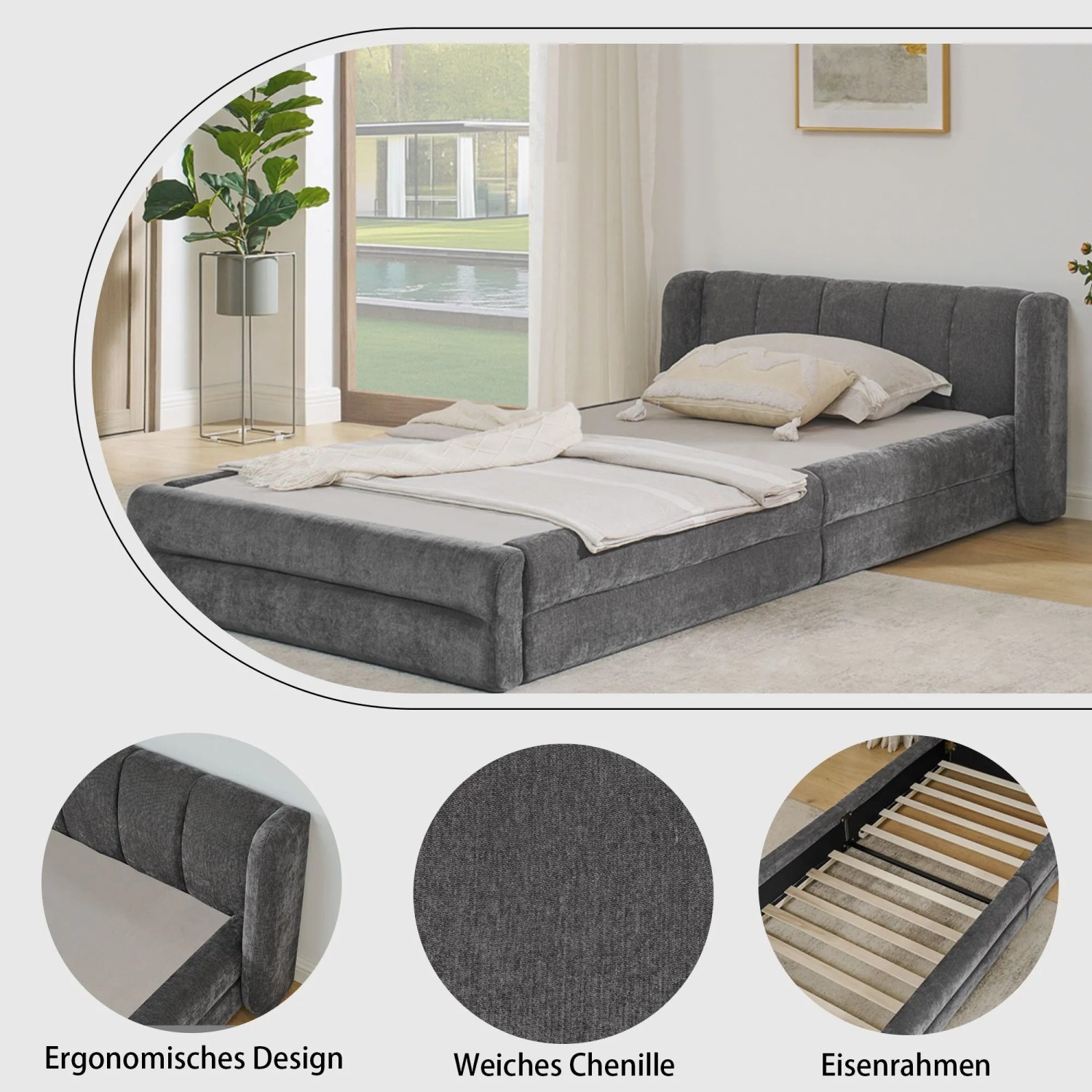 okwish Einzelbett 90x200cm mit Rückenlehne Chenille Kinderzimmer Grau ohne Matratze_6