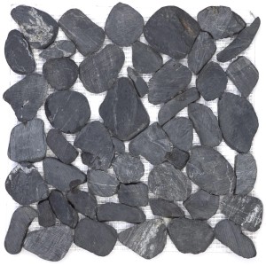 Mosaikmatte Flusskiesel Flach Schwarz Matt 30 cm x 30 cm