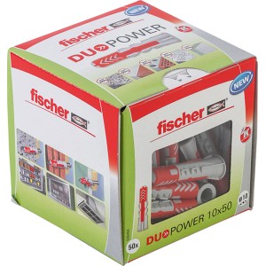 Verpackung Fischer Dübel DuoPower 10x50 mm, rot/grau, für sichere Befestigungen in Voll- und Lochbaustoffen.