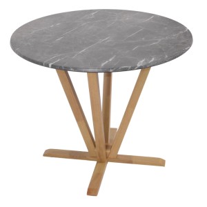 Bistrotisch mit Marmor-Optik, hellem Holzgestell, runde Tischplatte für Garten oder Balkon.