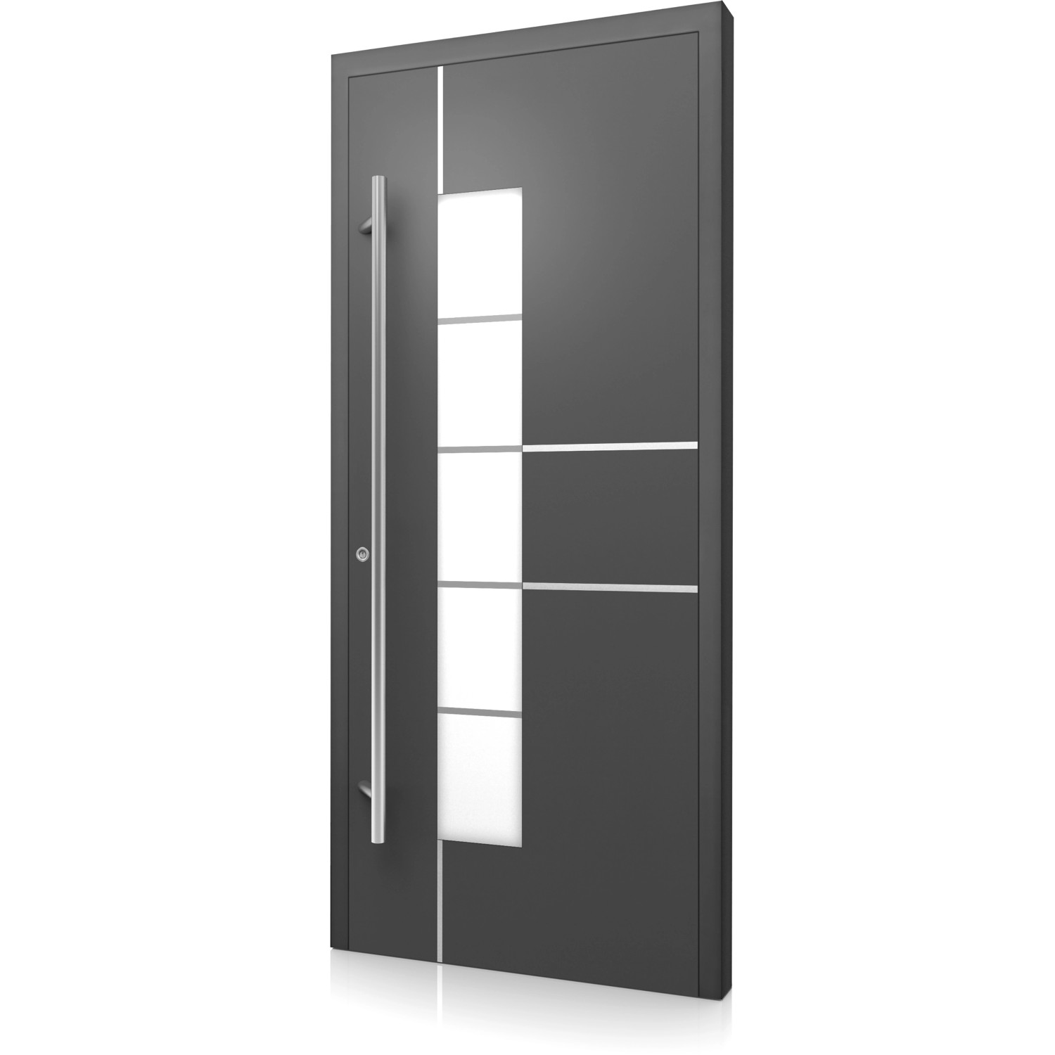 Moderne Aluminium Haustür Moderno M360/B in Anthrazit mit Glasausschnitt und Edelstahlgriff.