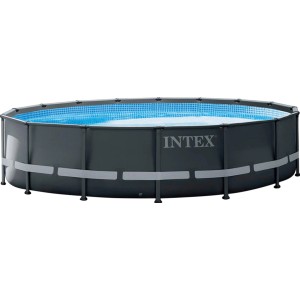 Intex Frame Pool Set Ultra Rondo XTR, Ø 488 cm, mit Stahlrahmen und blauem Innenmuster.