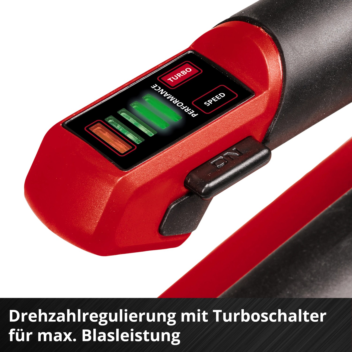 Detailaufnahme: Einhell Akku-Laubbläser GP-LB 18/200 Li E-Solo mit Drehzahlregelung und Turboschalter.