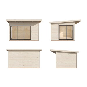 Palmako Gartenhaus Andrea, 390x300 cm, hellgrau-anthrazit, mit Schiebetüren und Pultdach. Ansichten von allen vier Seiten.