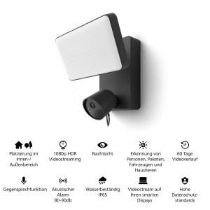 Schwarze Philips Hue Flutlichtkamera Secure mit integrierter Kamera zur Videoüberwachung.