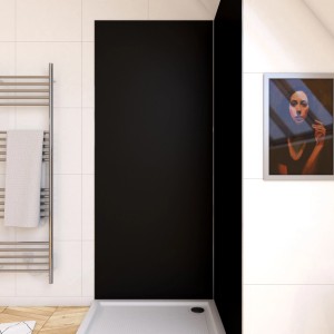 Aurlane Design-Duschwand in Satin Schwarz, 90x210x0,3 cm, als Duschrückwand im Badezimmer.