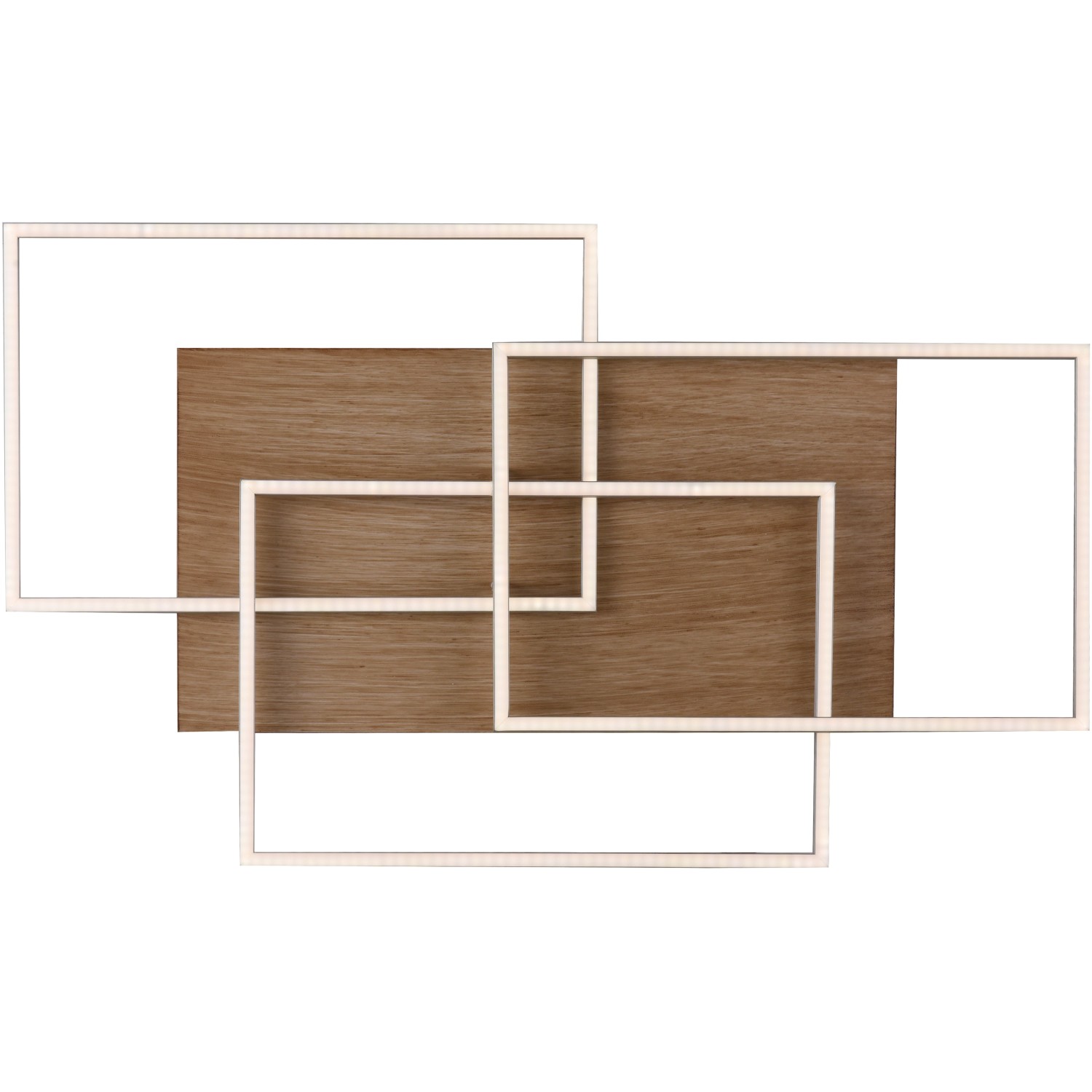 Moderne LED-Deckenleuchte Palma mit Holzdekor und verschlungenen, schwenkbaren Rahmen.