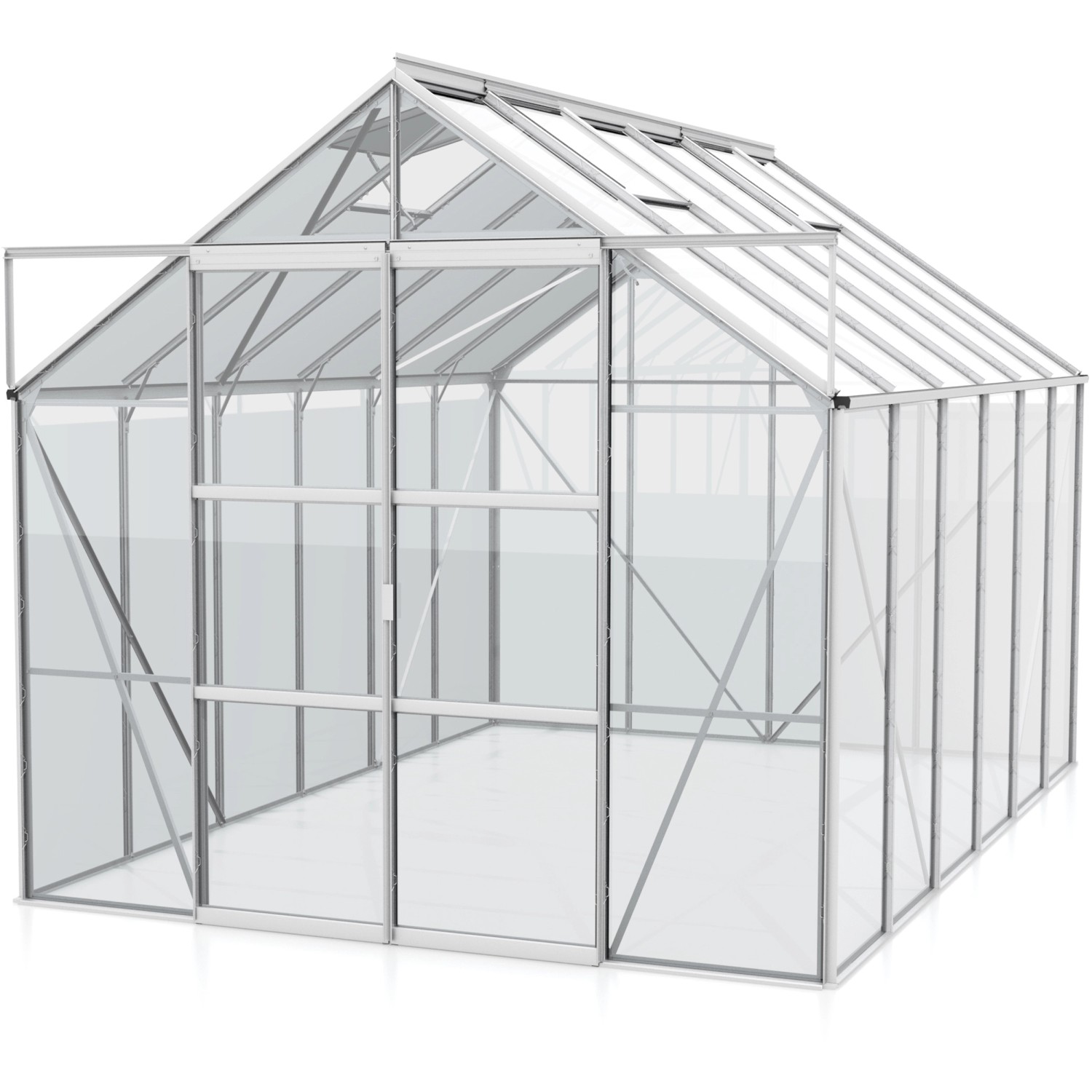 Vitavia Gewächshaus Uranus 9900 aus Alu blank mit geöffneter Tür, 9,9 m² Fläche.