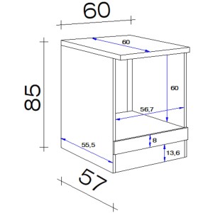 Technische Zeichnung: Flex-Well Herdumbauschrank Lucca, 60 cm, mit Maßangaben.