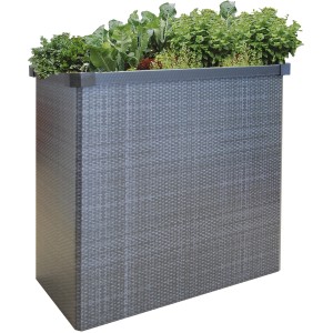 Graues Juwel Falthochbeet Easy Garden Rattan, 75x80x45 cm, bepflanzt mit Gemüse.