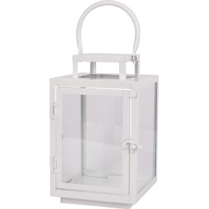 Weiße Metalllaterne, 22,5 cm hoch, mit Tragegriff und Glastür für stimmungsvolle Beleuchtung.