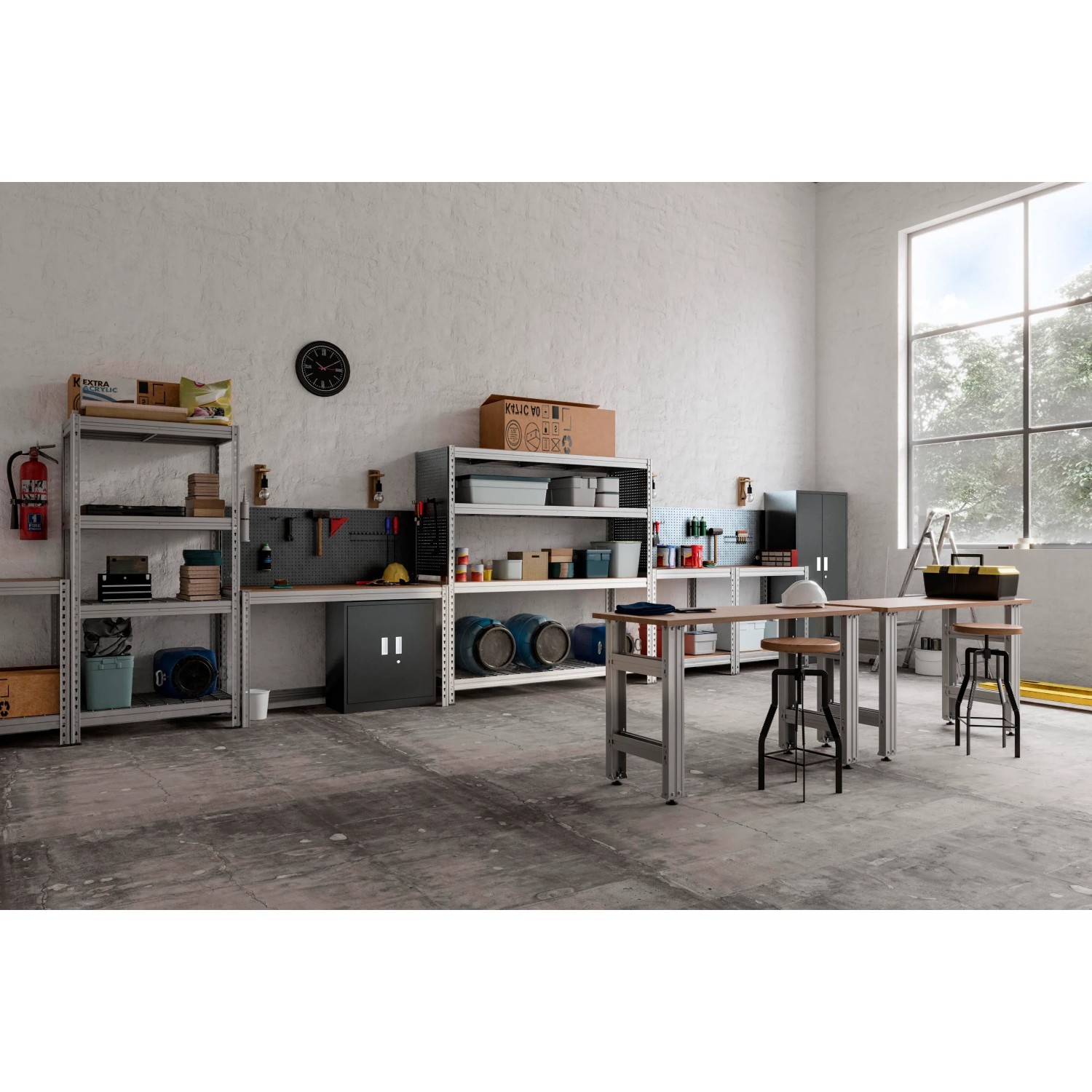 Verzinktes AR Shelving Schwerlast-Steckregal Bullrack Rivet (200x200x60cm) im Werkstatt-Setting.