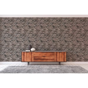 A.S. Création Vliestapete Ziegelsteinmauer in Braun und Grau im Used Look an Wohnzimmerwand.