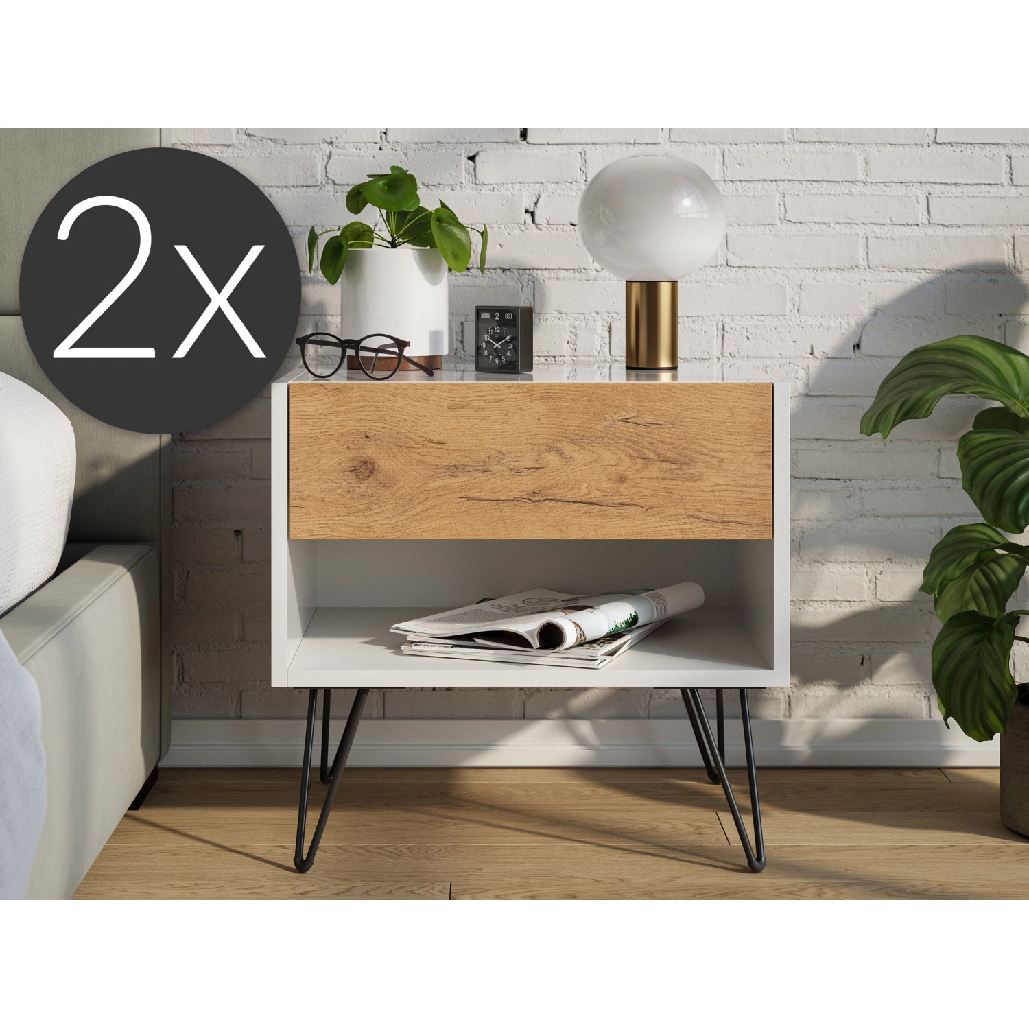 Posseik Nachttisch-Set Industrial B, 2-teilig, weiß/Eiche, mit Schublade und Ablagefach.