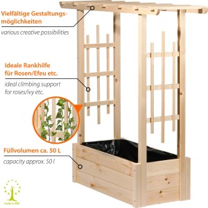 Naturfarbener Dobar Pflanzkasten Pergola aus Holz mit Rankhilfe, 117x39x119cm.