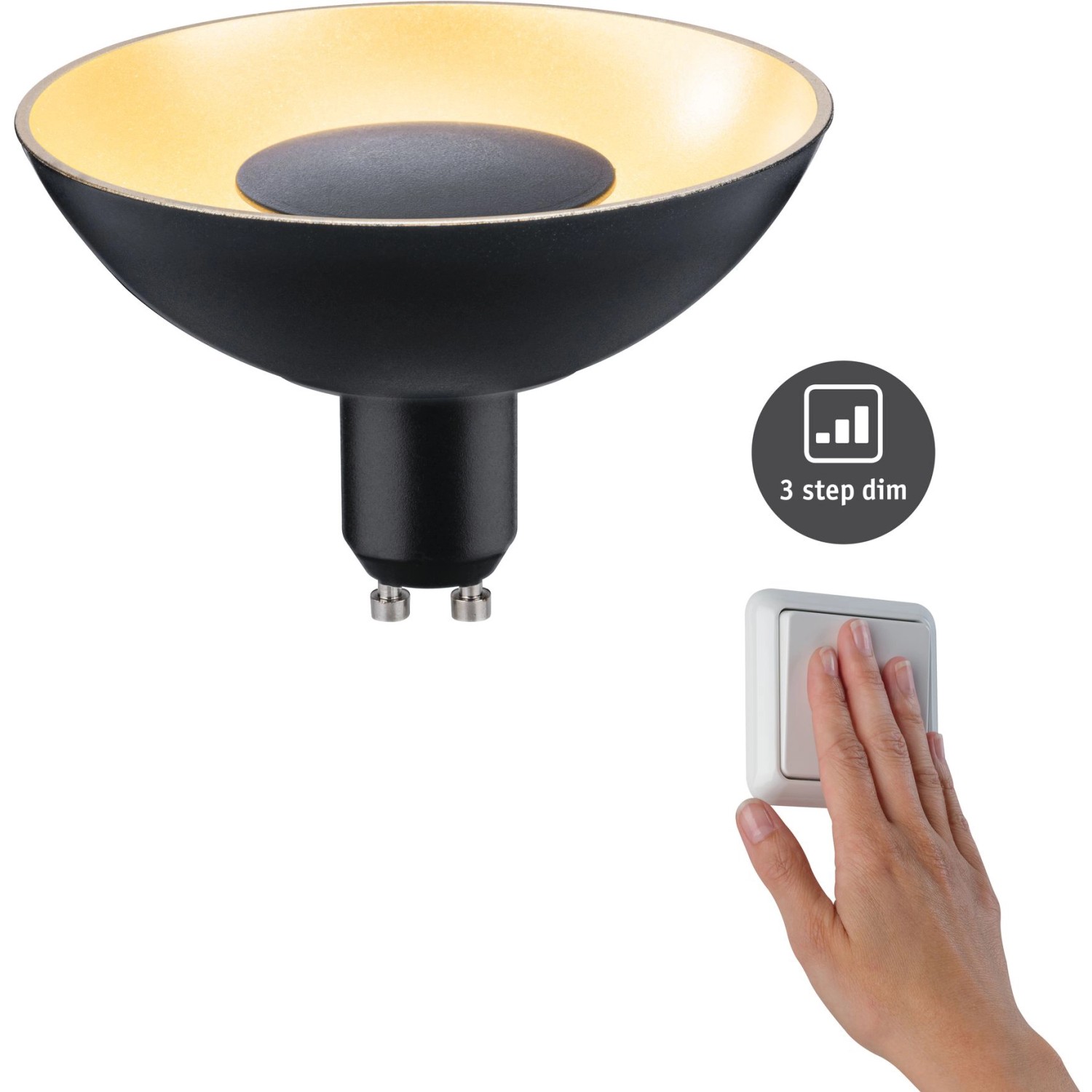 Paulmann GU10 LED-Lampe, 4,9W, warmweiß, dimmbar per Schalter. Leuchtmittel für Wohnräume.