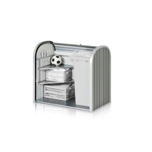 Biohort StoreMax 120 Quarzgrau Metallic Universalbox mit Regalen und Inhalt.