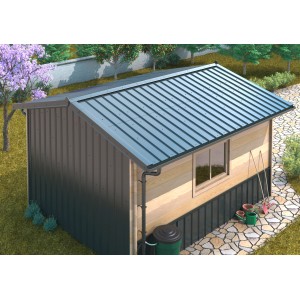 Ablaufset für SDF Kastenrinne aus Aluminium in Anthrazit an einem Gartenhaus.