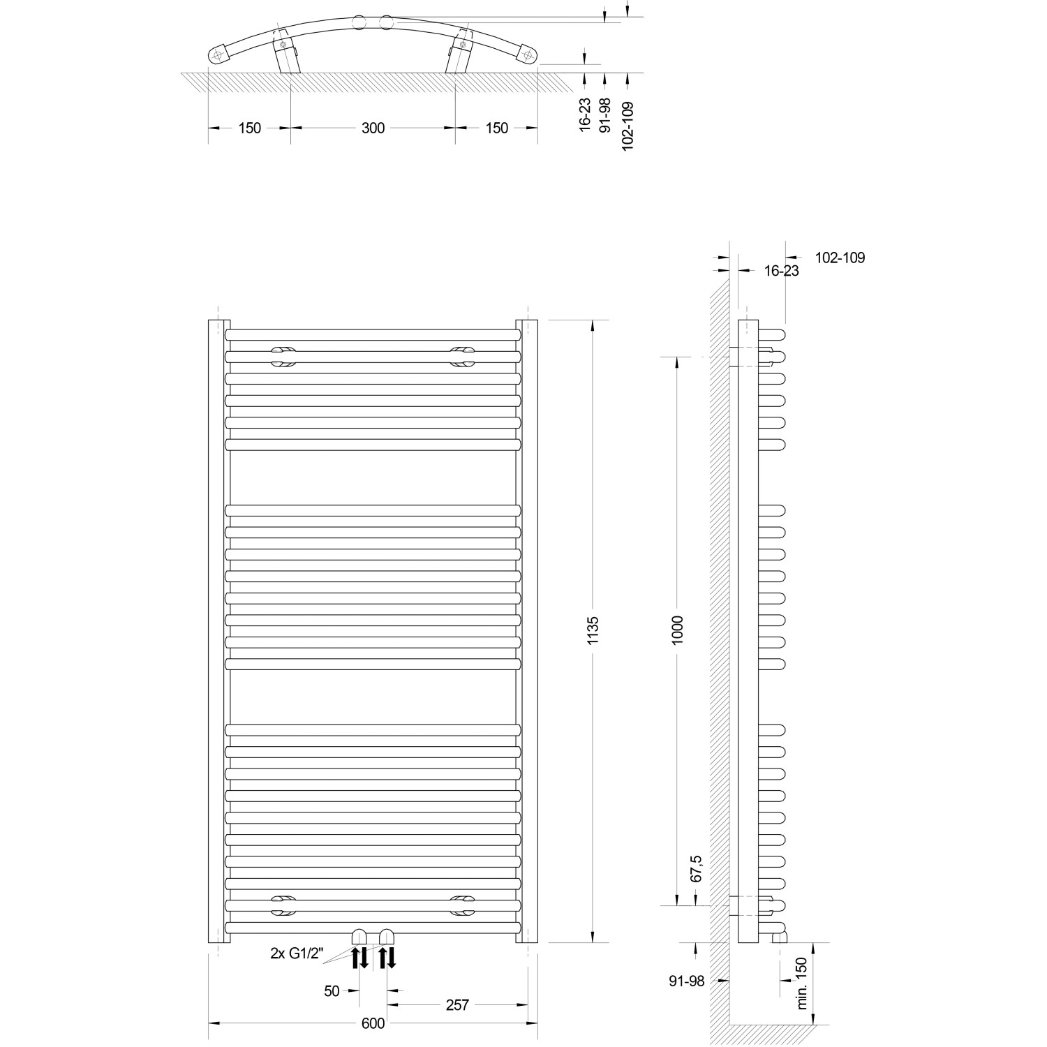 Technische Zeichnung: Schulte Design-Heizkörper Europa II, Maße und Anschlüsse für Installation.