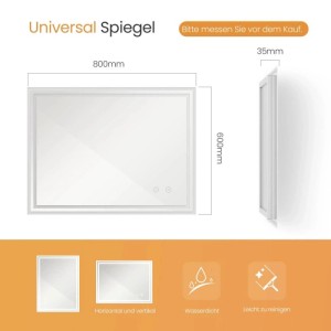 Rechteckiger Emke LED-Badspiegel 80x60 cm mit Beleuchtung, Touchschalter und Anti-Beschlag-Funktion. Horizontal/vertikal montierbar.